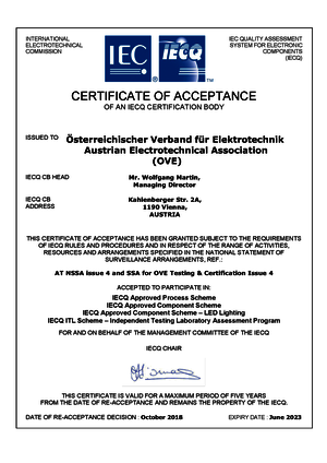 Certificate of Acceptance IECQ Certification Body